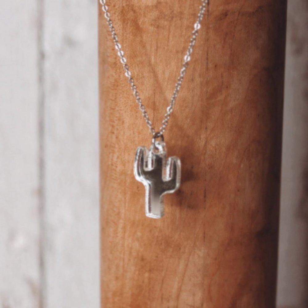 Cactus Necklace Silver Acrylic Pendant with 18 inch Silver Chain
